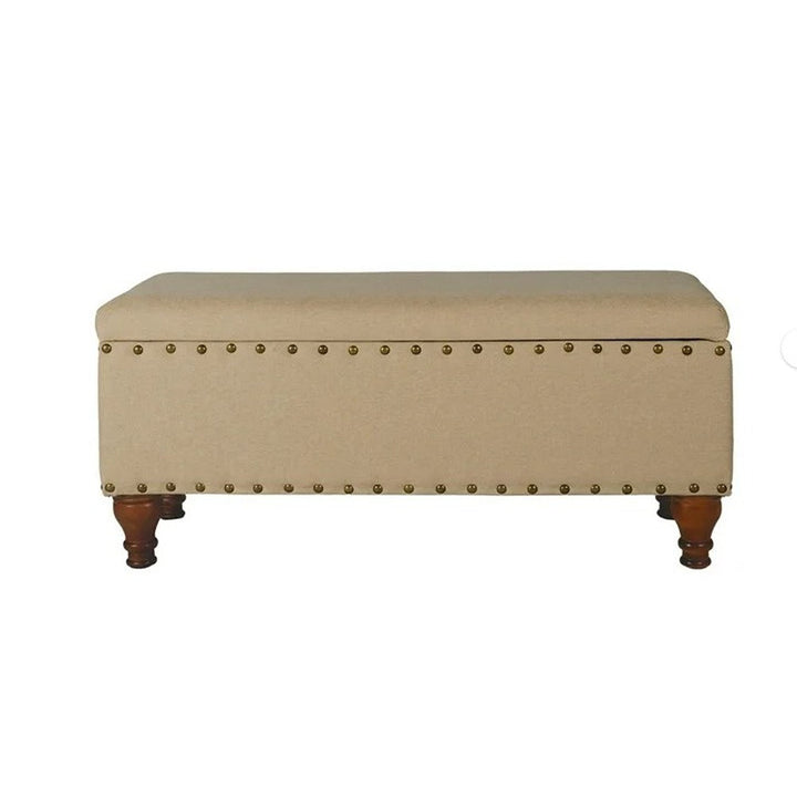 Collantes Upholstered Storage Bench Alcott Hill® Upholstery: Tan/Brushed Brass Nailhead