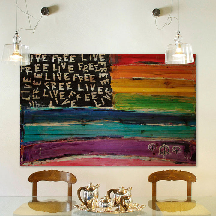'Live Free Rainbow Flag' Painting Print on Natural Pine Wood Ebern Designs Size: 40" H x 60" W