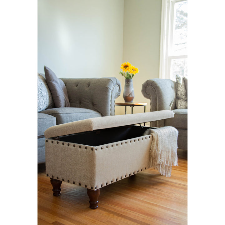 Collantes Upholstered Storage Bench Alcott Hill® Upholstery: Taupe/Mottled Brown Nailhead