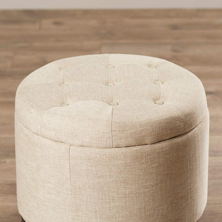 Avers 19.75" Wide Tufted Round Storage Ottoman Andover Mills™ Fabric: Tan Fabric