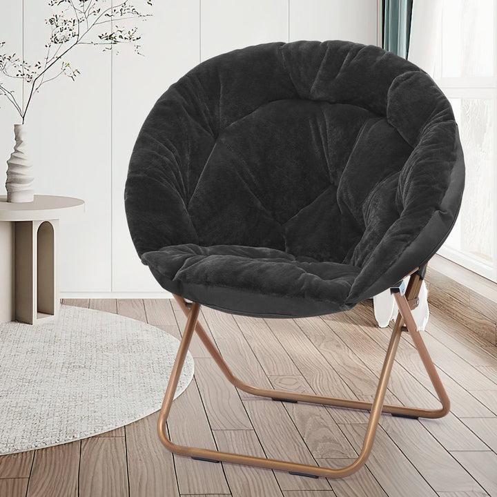 Foldable Round Saucer Chair Portable Dorm Chair Lounge Chair Accent Chair for Bedroom Living Room MoNiBloom Fabric: Black Synthetic Fur