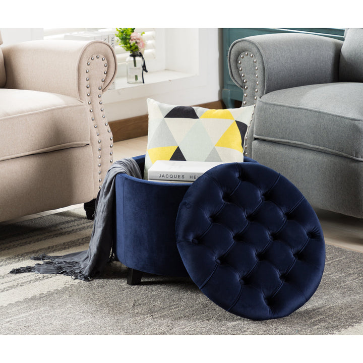 Doud 20" Wide Velvet Tufted Round Storage Ottoman Willa Arlo™ Interiors Fabric: Blue Velvet