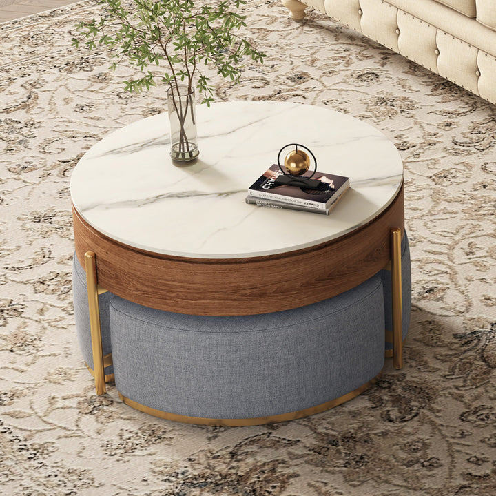 Zinna Lift Top Round Coffee Table Nesting Living Room Table with Storage 3 Stools Included Everly Quinn