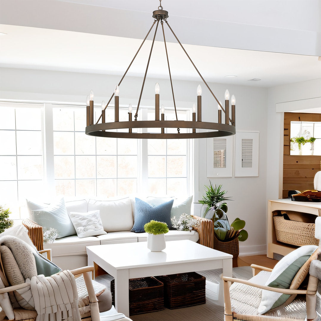 Avalee 12 - Light Living Room Steel Dimmable Candle Style Wagon Wheel Chandelier Lark Manor™ Finish: Oil Rubbed Bronze