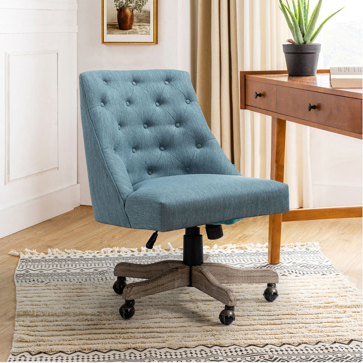 Vail 38.5'' H Farmhouse Tilting Task Chair with Solid Wood Base and Button-tufted Sand & Stable™ Upholstery Color: Blue Twill