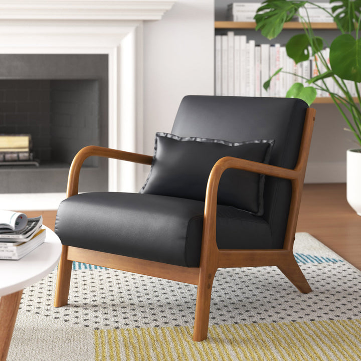 Arsh Accent Chair With Pillow, Pu Upholstery, Rubberwood Legs Wade Logan® Upholstery Color: Black Polyurethane