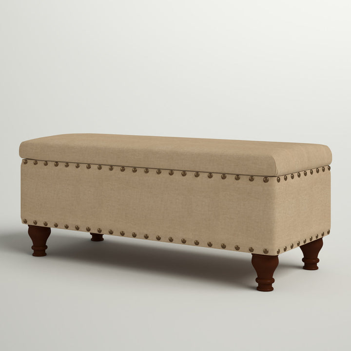 Collantes Upholstered Storage Bench Alcott Hill® Upholstery: Tan/Brushed Brass Nailhead