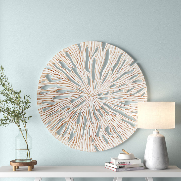 Beige Wood Handmade Intricately Carved Starburst Wall Decor Mistana™ Size: 47'' H X 47'' W X 1" D