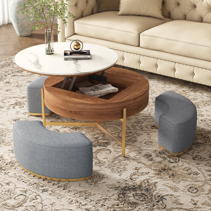 Zinna Lift Top Round Coffee Table Nesting Living Room Table with Storage 3 Stools Included Everly Quinn