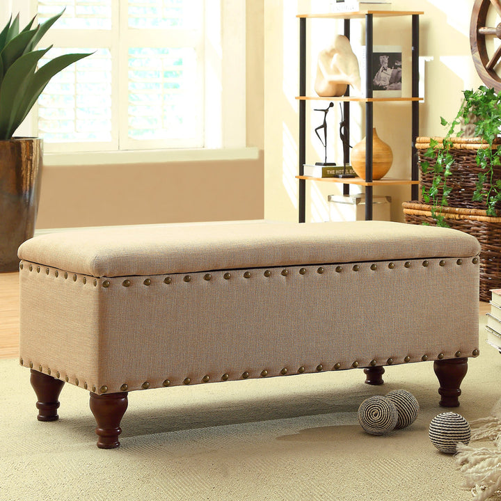 Collantes Upholstered Storage Bench Alcott Hill® Upholstery: Tan/Brushed Brass Nailhead