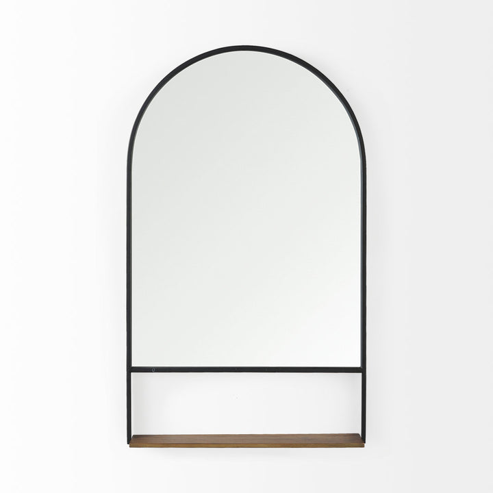 Alphonia 24.0"L x 3.9"W x 40.0"H Black Metal Frame W/ Brown Wooden Shelf Arched Wall Mirror Latitude Run®