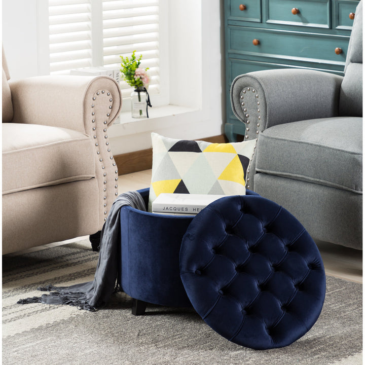 Doud 20" Wide Velvet Tufted Round Storage Ottoman Willa Arlo™ Interiors Fabric: Blue Velvet