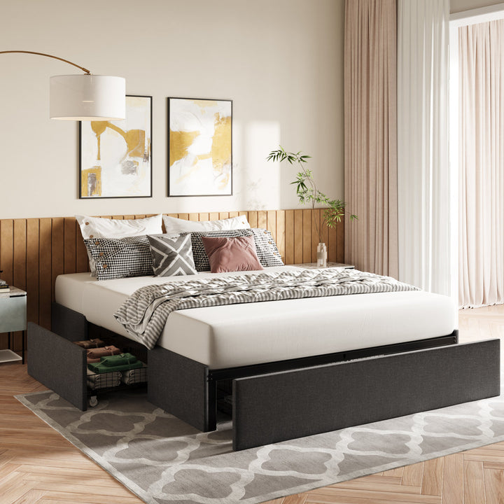 Platform Bed With Storage, 3 Large Drawers On Wheels, Fabric Upholstered Platform Bed, No Box Spring Needed, Solid Wood Slats Support, Easy Assembly, Dark Grey Latitude Run® Size: Full/Double