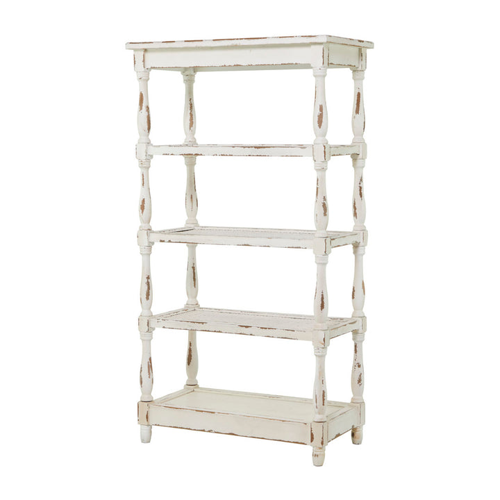 Adella White Wood Distressed Open 5 Shelf Shelving Unit with Spindle Sides and Mesh Kelly Clarkson Home