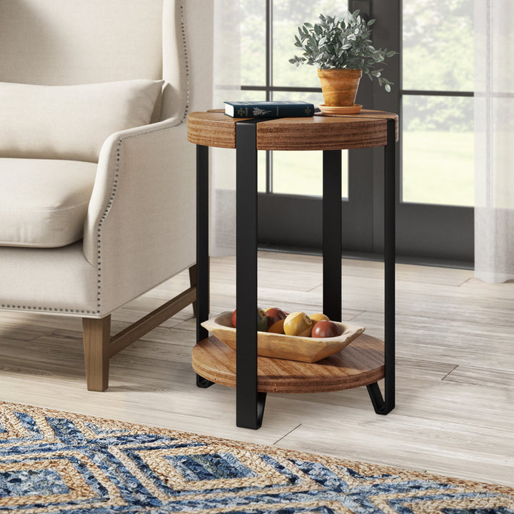Lora 20" Dia Rustic Industrial Solid Wood and Metal Round End Table With 1 Shelf Birch Lane™