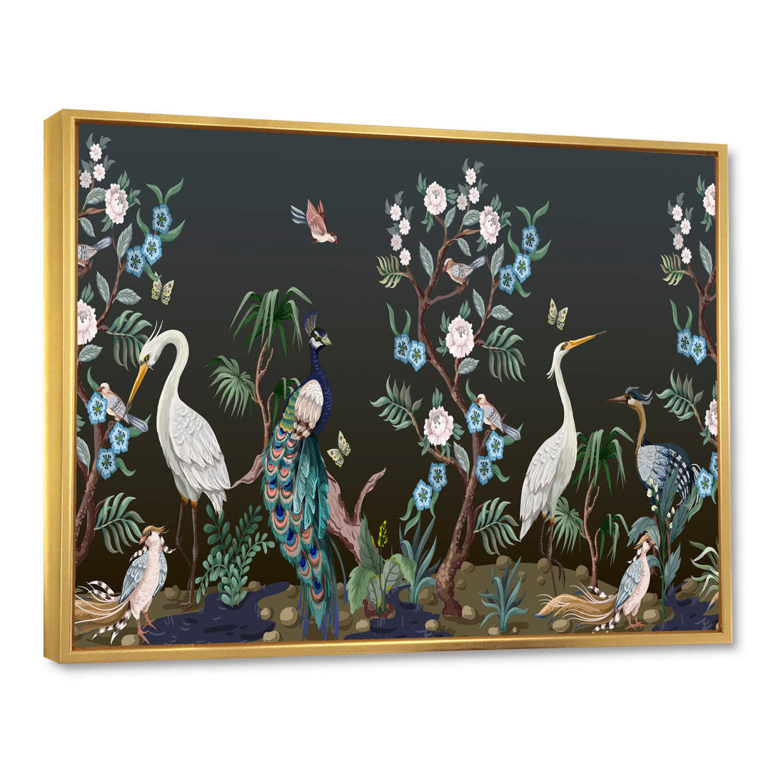 Chinoiserie with Birds and Peonies IV - Painting on Canvas East Urban Home Size: 24" H x 32" W x 1" D Format: Gold Floater Frame