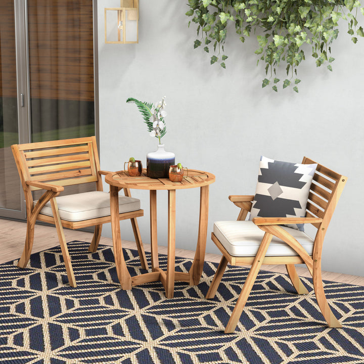 Round 2 - Person 28" Long Bistro Set with Cushions Red Barrel Studio® Frame Color/Cushion Color: Teak Frame/Cream Cushion