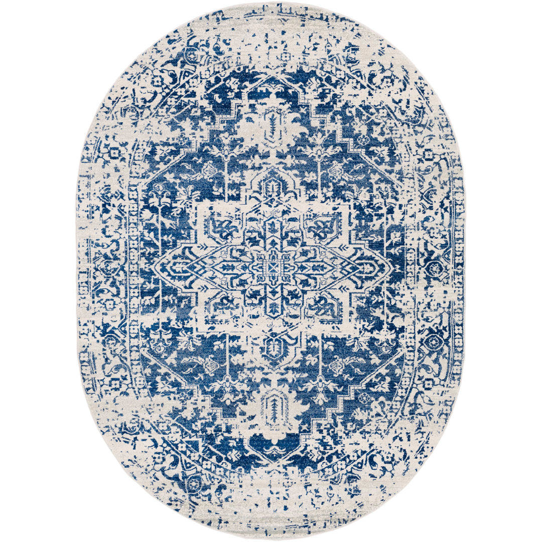 Hillsby Oriental Pure Navy/Light Gray Area Rug Mistana™ Rug Size: Oval 6'7" x 9'