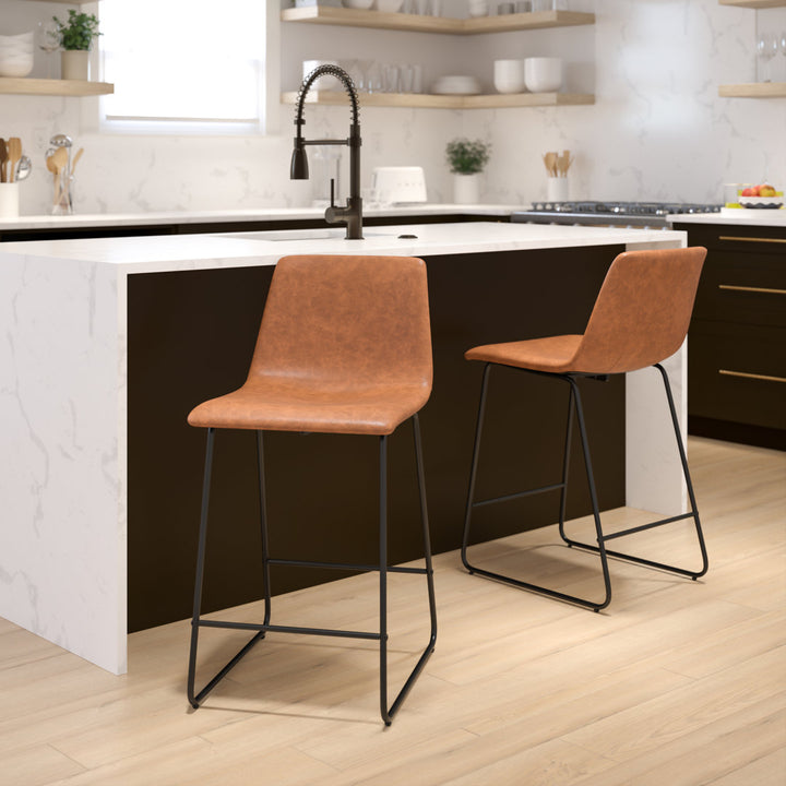Liekele Upholstered Counter Height Modern Dining Stools by Flash Furniture (Set of 2) Ivy Bronx Seat Height: Counter Stool (24” Seat Height), Upholstery: Light Brown Faux Leather