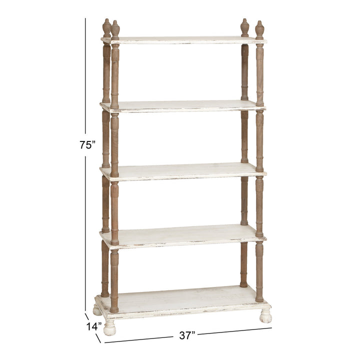 Elodie White Wood Distressed Open 5 Shelf Shelving Unit with Brown Spindle Sides and Ball Feet Kelly Clarkson Home