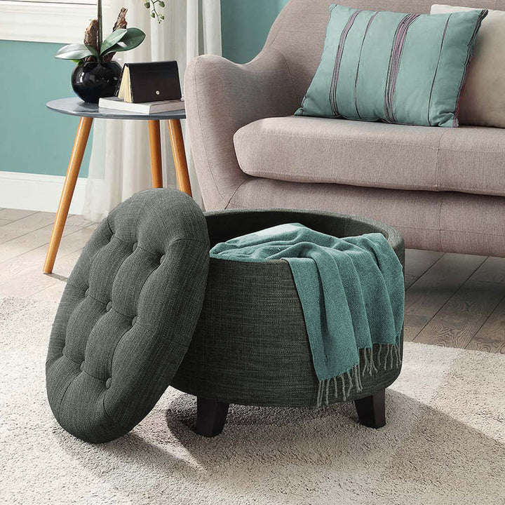 Avers 19.75" Wide Tufted Round Storage Ottoman Andover Mills™ Fabric: Dark Charcoal Gray Fabric