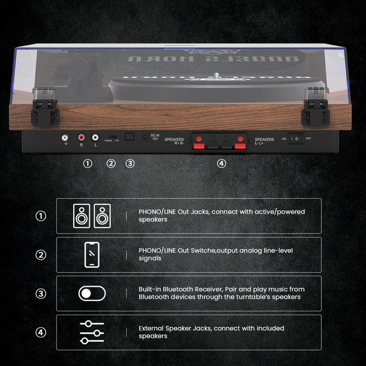 Angelshorn Stereo Decorative Record Player With Built-in Phono Preamp And Belt Drive Turntable, 2-speed Vinyl Record Player With 2 Pcs Bluetooth Bookshelf Speakers, Walnut ANGELSHORN