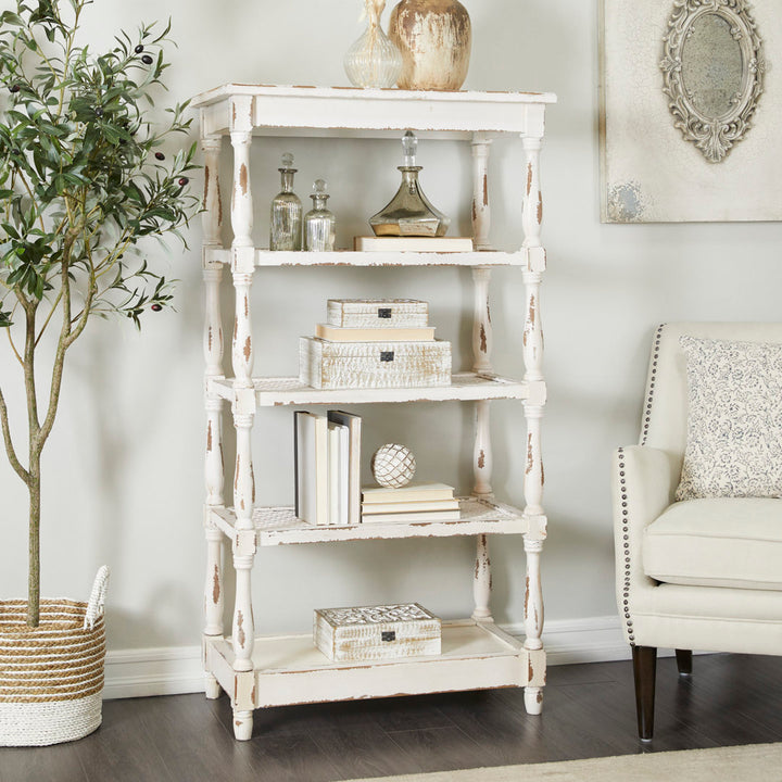 Adella White Wood Distressed Open 5 Shelf Shelving Unit with Spindle Sides and Mesh Kelly Clarkson Home