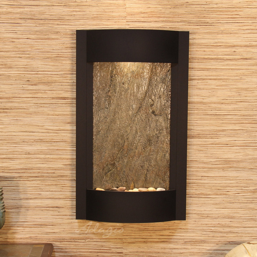 Serene Waters Natural Stone/Metal Wall Fountain with Light Adagio Fountains Stone: Green Feather, Finish: Textured Black