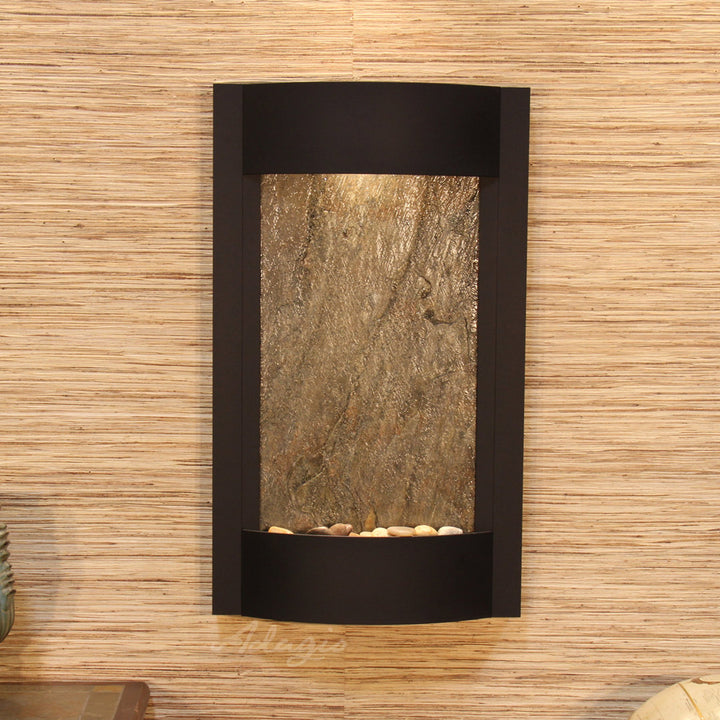 Serene Waters Natural Stone/Metal Wall Fountain with Light Adagio Fountains Stone: Green Feather, Finish: Textured Black
