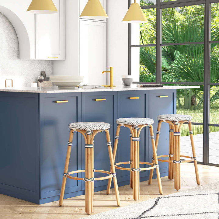 Alastair Bar & Counter Stool Birch Lane™ Color: White/Navy Dot/Natural Rattan Frame Seat Height: Bar Stool (30" Seat Height)