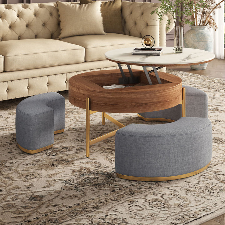 Zinna Lift Top Round Coffee Table Nesting Living Room Table with Storage 3 Stools Included Everly Quinn