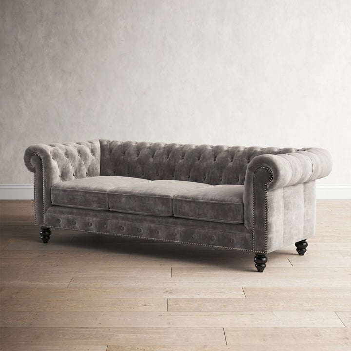 Ophelie 87" Rolled Arm Chesterfield Sofa Birch Lane™ Fabric: Smoke Grey Velvet