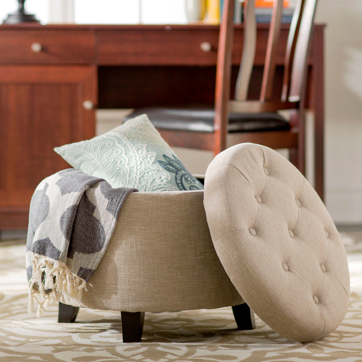 Avers 19.75" Wide Tufted Round Storage Ottoman Andover Mills™ Fabric: Tan Fabric