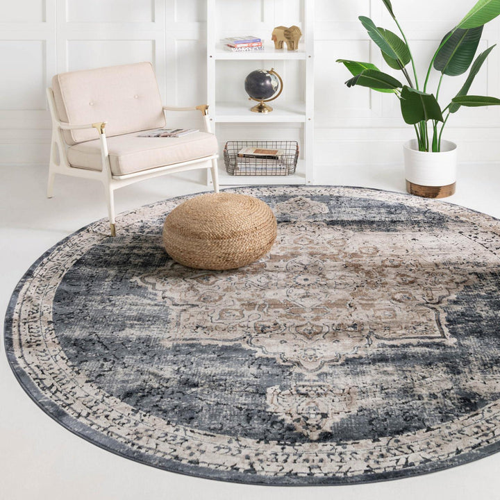 Arloa Oriental Beige/Navy Blue Area Rug Lark Manor™ Rug Size: Round 7'