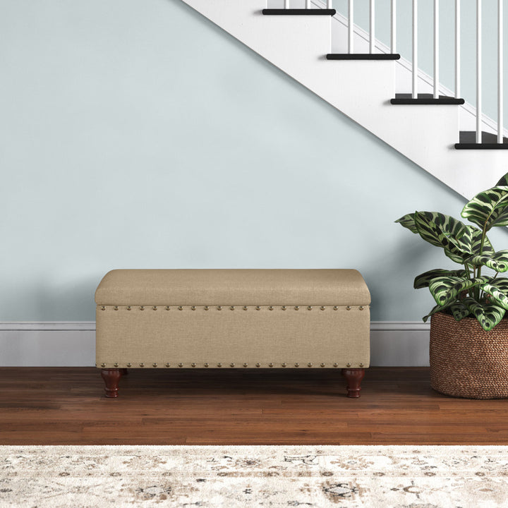 Collantes Upholstered Storage Bench Alcott Hill® Upholstery: Tan/Brushed Brass Nailhead
