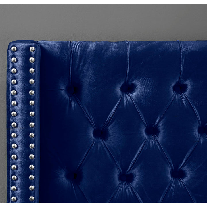 Joclynn Solid Wood Tufted Upholstered Low Profile Platform Bed Everly Quinn Color: Navy Velvet Size: Queen Nailhead Finish: Chrome