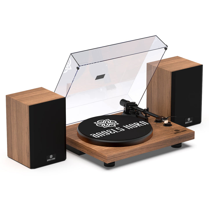Angelshorn Stereo Decorative Record Player With Built-in Phono Preamp And Belt Drive Turntable, 2-speed Vinyl Record Player With 2 Pcs Bluetooth Bookshelf Speakers, Walnut ANGELSHORN