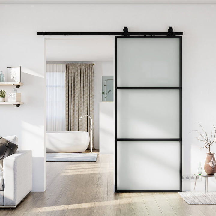 Metal and Glass Sliding Barn Door with Installation Hardware Kit ( Soft-close Included) LDB_BUILDING Size: 28" x 84" Finish: Frosted