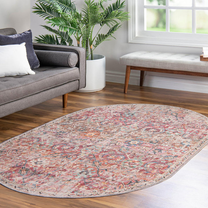 Engelhardt Floral Machine Made Power Loom Chenille Area Rug in Ivory/Pink Mistana™ Rug Size: Oval 5'3" x 8'