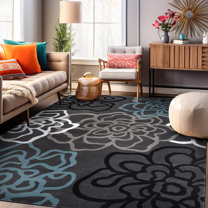 Carius Performance Floral Gray/Blue/Black/White Area Rug Winston Porter Rug Size: Rectangle 6'6" x 9'