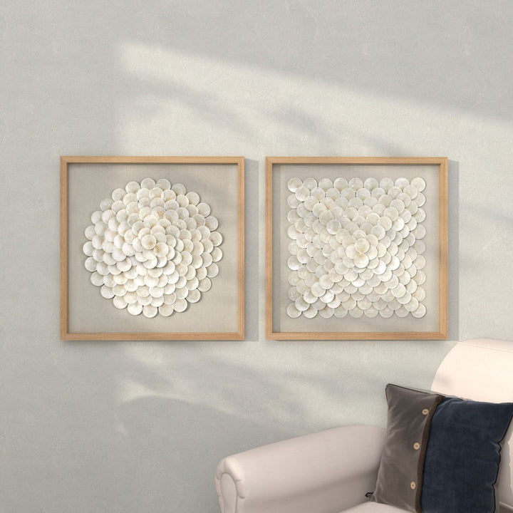 2 Piece Cream Shell Handmade Overlapping Shells Geometric Shadow Box with Canvas Backing Set Sand & Stable™