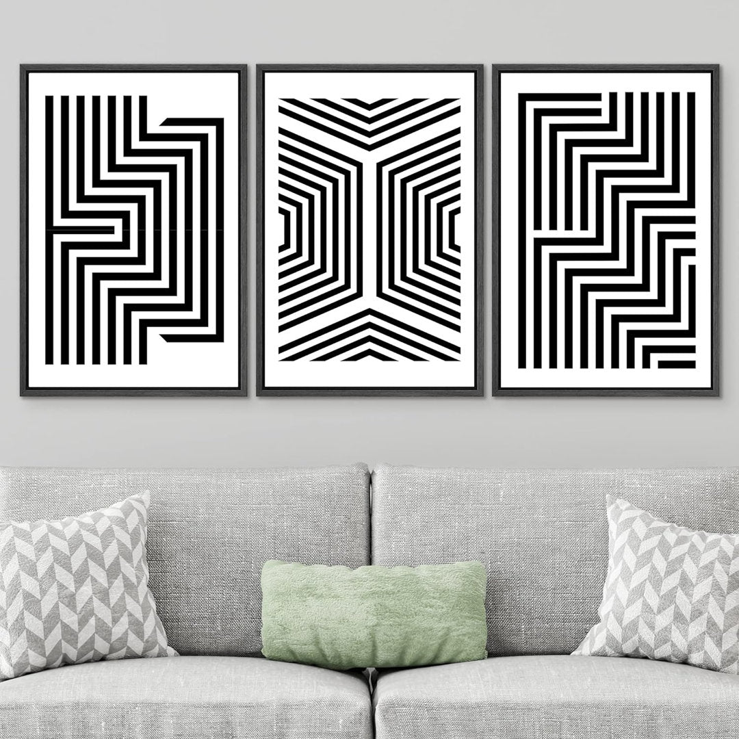 " Black And White Stripes And Lines Geometric Patterns Abstract Shape Illustration Modern Art Chic " 3 - Pieces on Canvas wall26 Overall Size: 36" H x 24" W x 1.5" D Format: Black