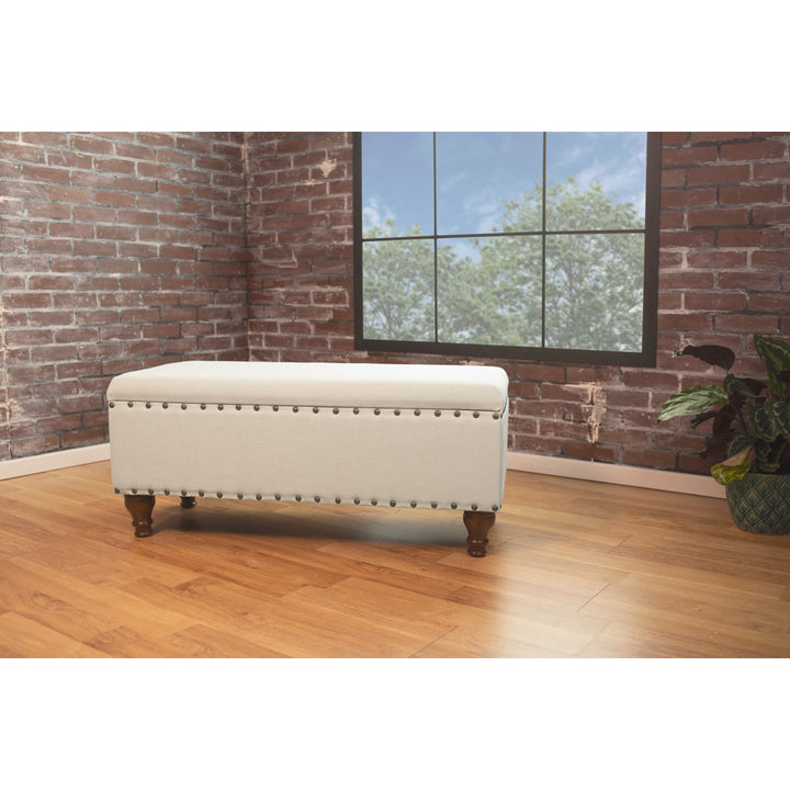 Collantes Upholstered Storage Bench Alcott Hill® Upholstery: Cream/Brushed Brass Nailhead