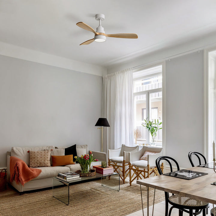 48" Nicola 3 - Blade Matte White Modern Ceiling Fan with Remote Control and Light Kit George Oliver Finish: White with Burlywood Blades