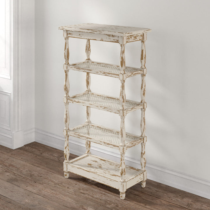 Adella White Wood Distressed Open 5 Shelf Shelving Unit with Spindle Sides and Mesh Kelly Clarkson Home