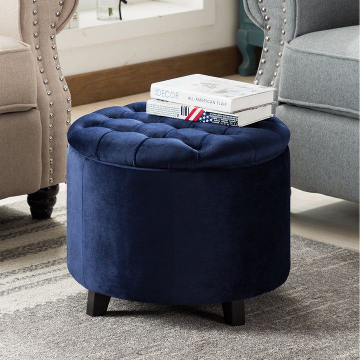 Doud 20" Wide Velvet Tufted Round Storage Ottoman Willa Arlo™ Interiors Fabric: Blue Velvet