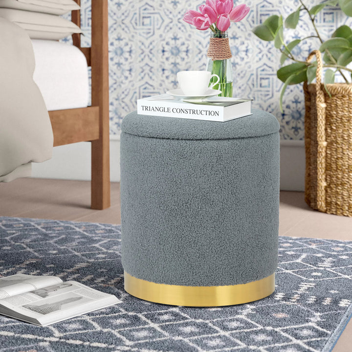 Teddy Fleece Round Ottoman With Stroage Mercer41 Body Fabric: Gray Faux Fur