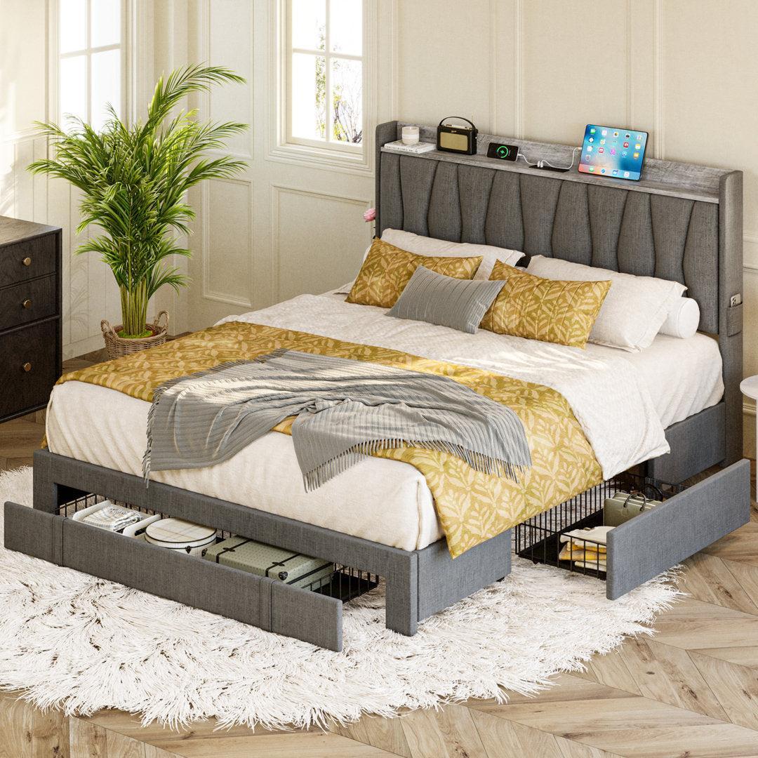 Upholstered Bed Frame with 3 Drawers, Bed with Storage Headboard and Charging Station Ivy Bronx Color: Gray Size: Queen
