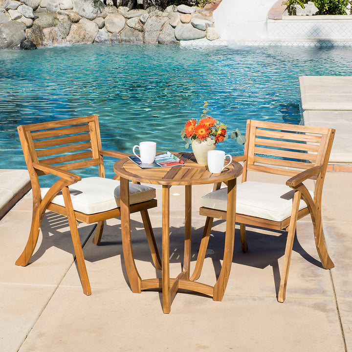 Round 2 - Person 28" Long Bistro Set with Cushions Red Barrel Studio® Frame Color/Cushion Color: Teak Frame/Cream Cushion