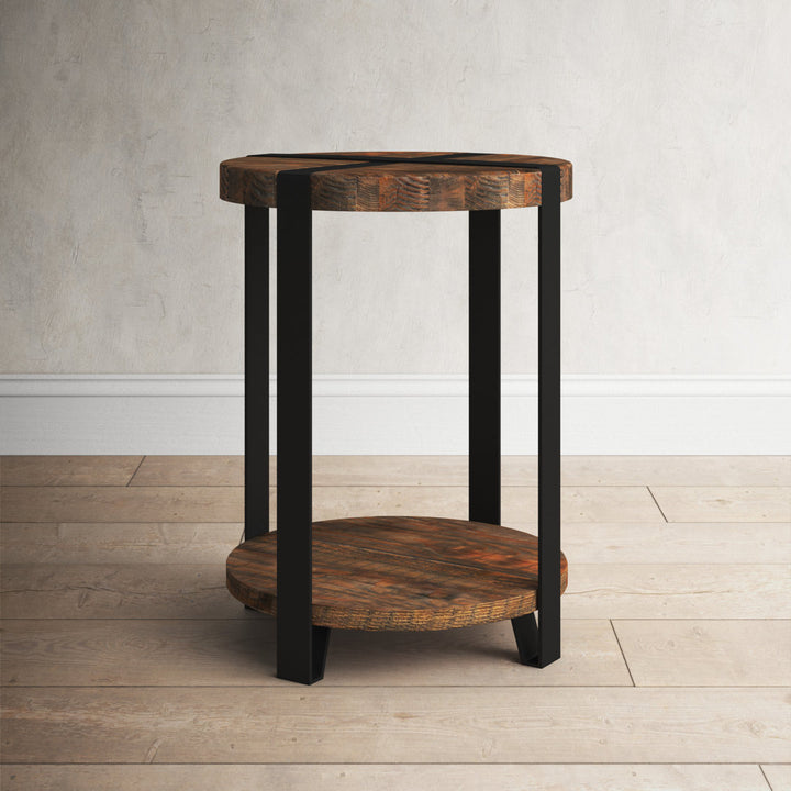 Lora 20" Dia Rustic Industrial Solid Wood and Metal Round End Table With 1 Shelf Birch Lane™
